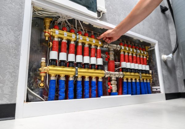 Modern electric boiler in the house. Floor heating manifolds. A man is setting up the system, close-up of a hand
